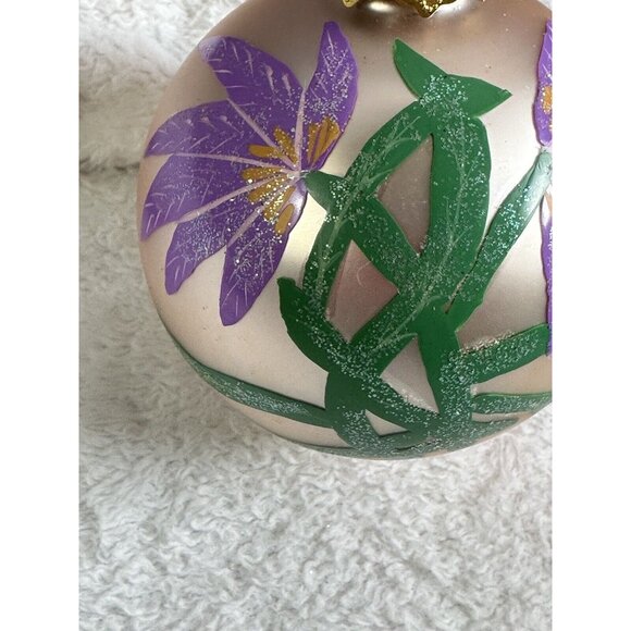 Hand painted Floral Glass Christmas Ornament Purple Gold Vtg Large Artist - Picture 3 of 8